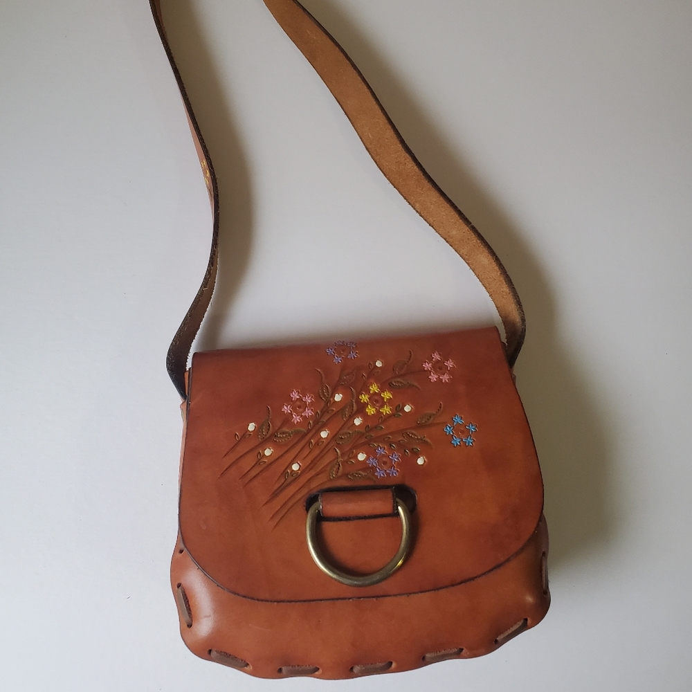 New Vintage 1960s Floral Embroidered Brown Leather Crossbody Bag
